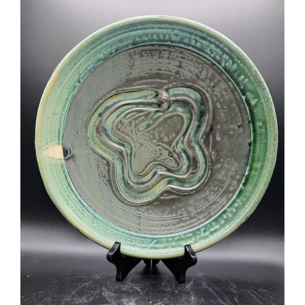 Vintage Studio Art Pottery Green Black 12" Charger Console Bowl Signed Mara